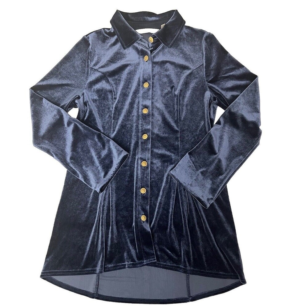 Soft Surroundings Tunic Top XS Blue Velvet Gold Button Long Sleeve Button Up